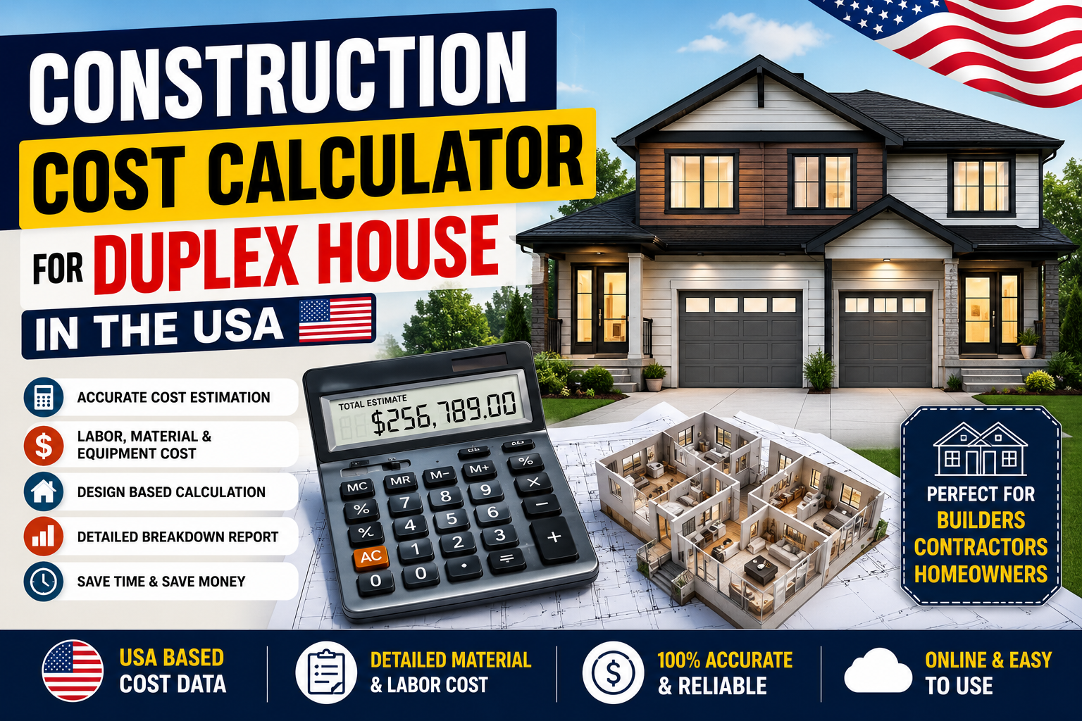 Construction Cost Calculator for Duplex House in the USA